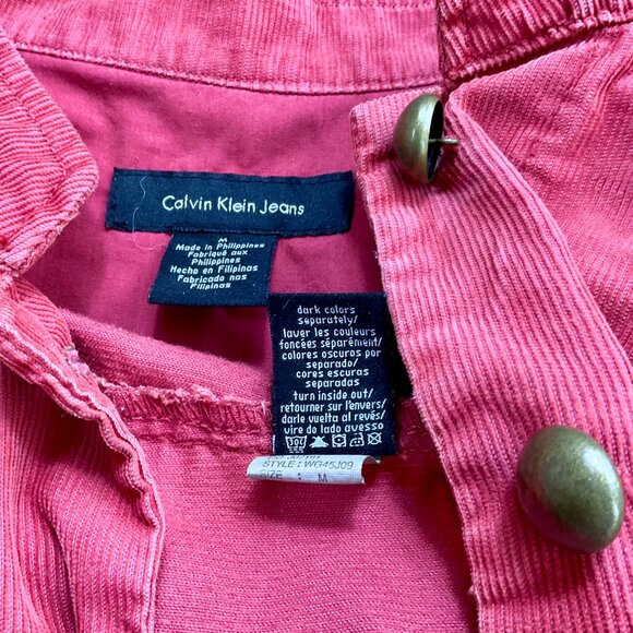 Calvin Klein Jacket Corduroy Y2K Coral Gold Trim & Graphic Logo Back (M) - Picture 7 of 8